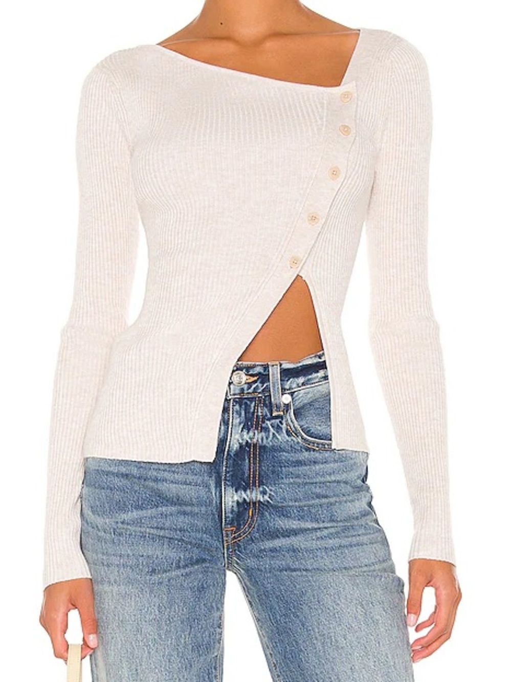 Song of Style Beige Asymmetric Button Ribbed Knit Cardigan in Small